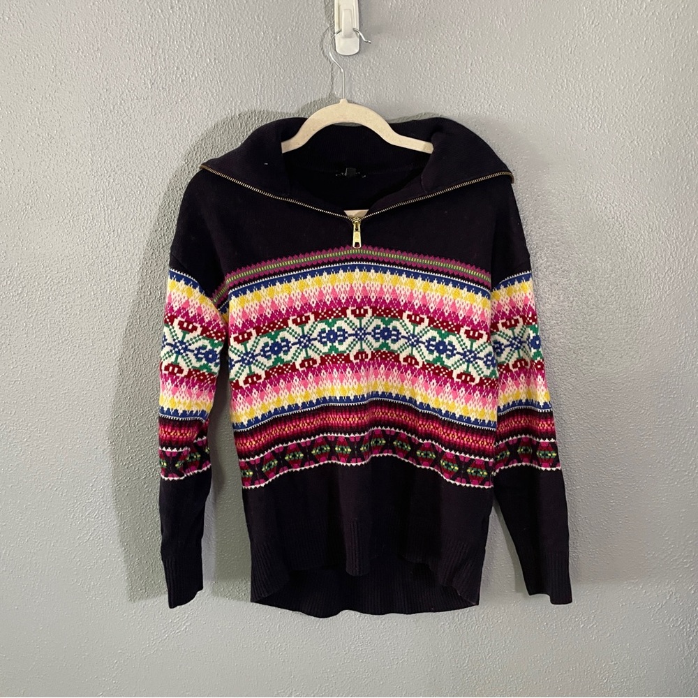 Talbots Navy Multicolored Pattern Knit Quarter Zi… - image 1